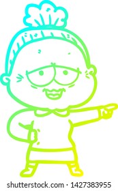 cold gradient line drawing of a cartoon happy old lady