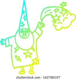 cold gradient line drawing of a cartoon wizard casting spell
