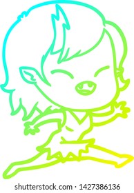 cold gradient line drawing of a cartoon laughing vampire girl running