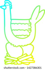 cold gradient line drawing of a cartoon chicken sitting on eggs in nest