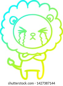 cold gradient line drawing of a cartoon crying lion with crossed arms