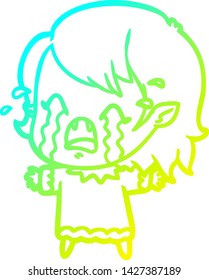 cold gradient line drawing of a cartoon crying vampire girl