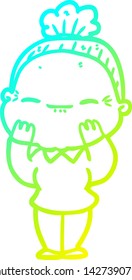 cold gradient line drawing of a cartoon peaceful old woman