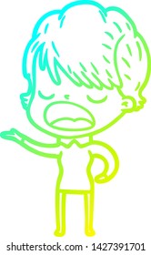 dibujo de línea de gradiente frío de una mujer de dibujos animados hablando