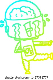 dibujo de línea de gradiente frío de un robot llorando de caricatura apuntando