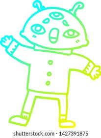 cold gradient line drawing of a cartoon alien man in sensible clothes