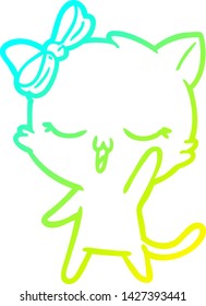 dibujo de una línea de degradado frío de un gato de dibujos animados con arco ondulado en la cabeza
