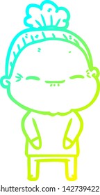 cold gradient line drawing of a cartoon peaceful old woman