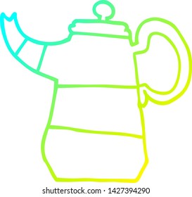 kalte Farbverlauf-Linienzeichnung einer Cartoon-Kaffeekanne