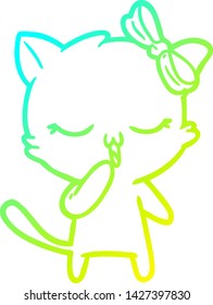 cold gradient line drawing of a cartoon cat with bow on head
