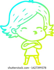 cold gradient line drawing of a cartoon woman