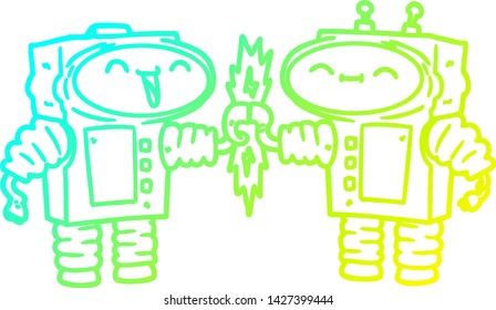 cold gradient line drawing of a cartoon robots connecting