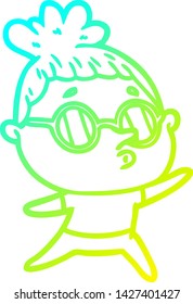 cold gradient line drawing of a cartoon woman wearing glasses