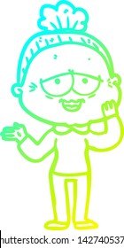 cold gradient line drawing of a cartoon happy old lady