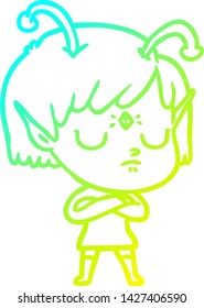 cold gradient line drawing of a cartoon alien girl