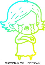 cold gradient line drawing of a cartoon girl crying