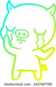 cold gradient line drawing of a cartoon pig crying