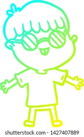 dibujo en línea de gradiente frío de un niño de caricatura que usa espectáculos