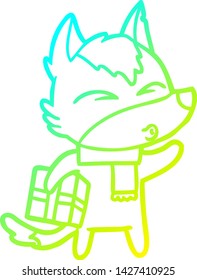 cold gradient line drawing of a cartoon christmas wolf whistling
