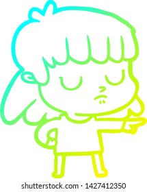 cold gradient line drawing of a cartoon indifferent woman;pointing