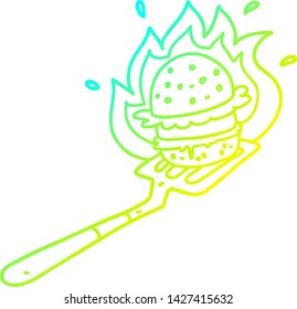 dibujo de línea de gradiente frío de una hamburguesa de dibujos animados sobre la espátula