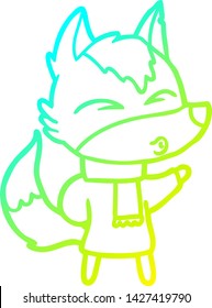 dibujo en línea de gradiente frío de un lobo de dibujos animados con ropa de invierno