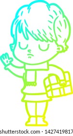 cold gradient line drawing of a cartoon woman