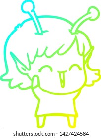 cold gradient line drawing of a cartoon alien girl laughing