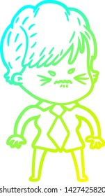 cold gradient line drawing of a cartoon frustrated woman