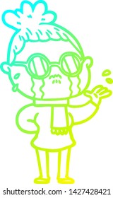 cold gradient line drawing of a cartoon crying woman wearing spectacles