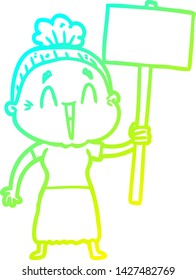 cold gradient line drawing of a cartoon happy old lady