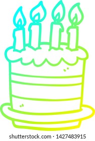dibujo de línea de degradado frío de una tarta de cumpleaños de dibujos animados