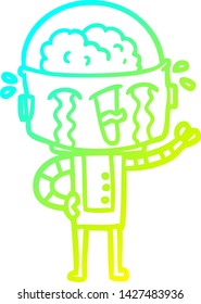 cold gradient line drawing of a cartoon crying robot
