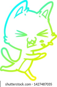 cold gradient line drawing of a cartoon cat hissing