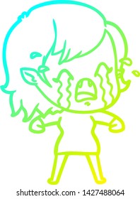 cold gradient line drawing of a cartoon crying vampire girl