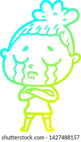 cold gradient line drawing of a cartoon crying woman