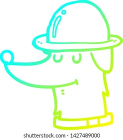 cold gradient line drawing of a cartoon dog wearing hat