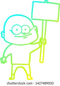 cold gradient line drawing of a cartoon bald man staring with sign