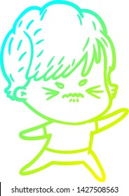 cold gradient line drawing of a cartoon frustrated woman