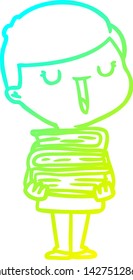 cold gradient line drawing of a cartoon happy boy with stack of books