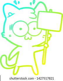 cold gradient line drawing of a cartoon surprised cat waving sign