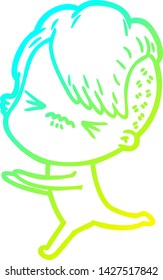 cold gradient line drawing of a cartoon annoyed hipster girl