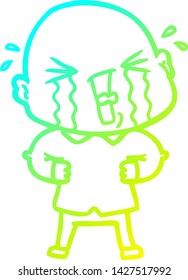 cold gradient line drawing of a cartoon crying bald man