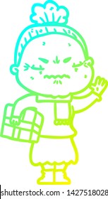 cold gradient line drawing of a cartoon annoyed old lady