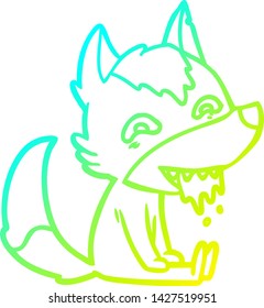 dibujo de una línea de degradado frío de un lobo hambriento de caricatura sentado esperando