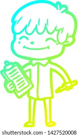 cold gradient line drawing of a cartoon happy boy