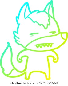 dibujo de línea de gradiente frío de un lobo de dibujos animados mostrando dientes