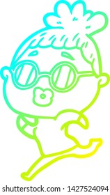 cold gradient line drawing of a cartoon woman running wearing sunglasses