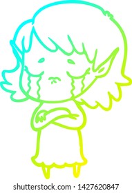 cold gradient line drawing of a cartoon crying elf girl
