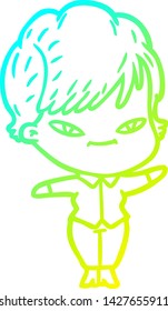 cold gradient line drawing of a cartoon happy woman